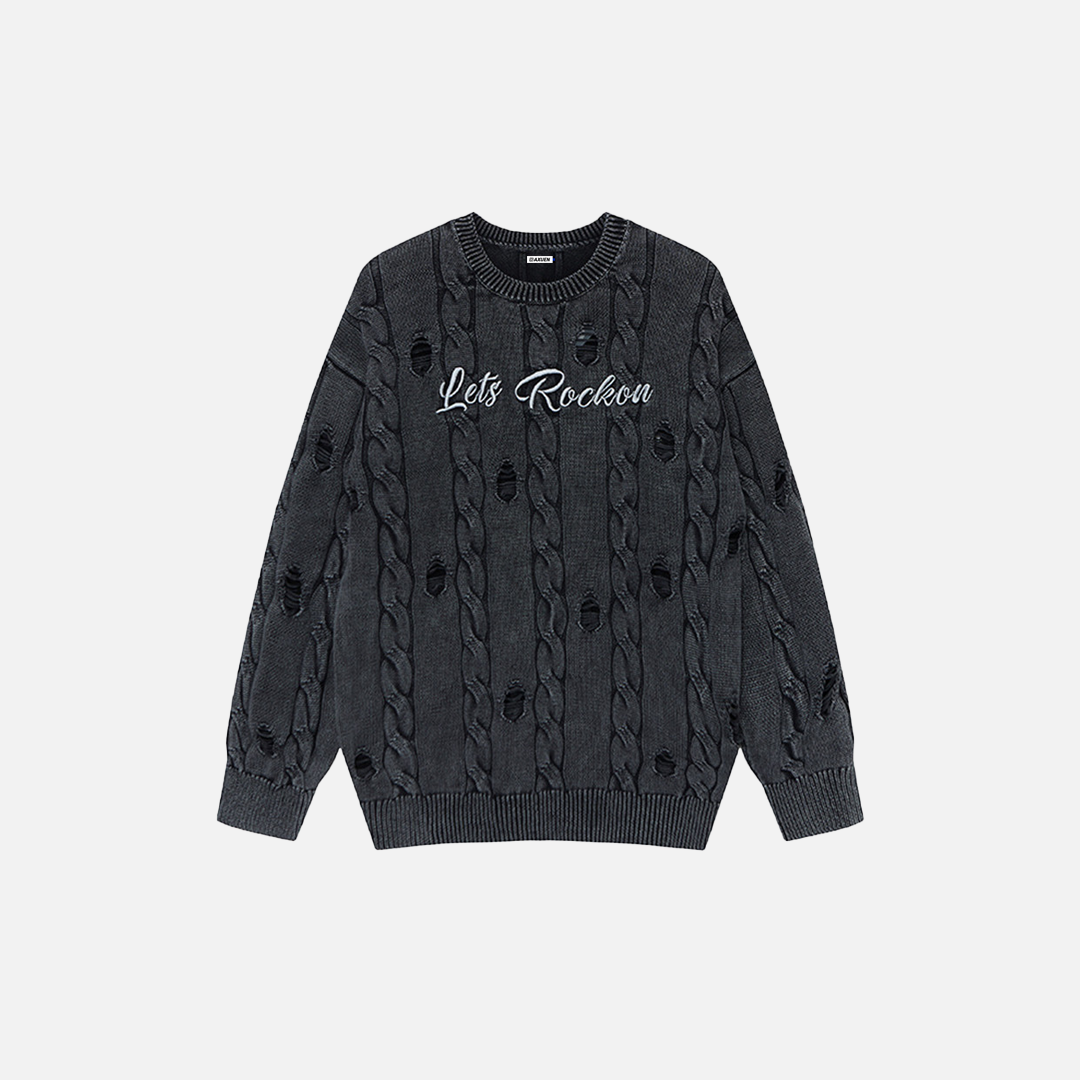 Essential Punk Distressed Long Sleeve Knit Sweater - Luxuryurbanwear