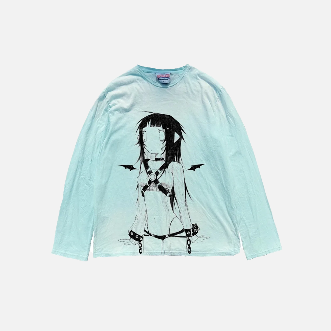 Vintage Dirty Washed Cartoon Graphic Long Sleeve T-Shirt - Luxuryurbanwear