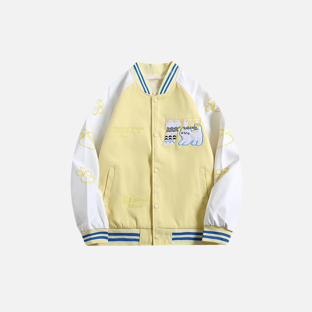 Embroidered Cartoon Cat Baseball Varsity Jacket - Luxuryurbanwear
