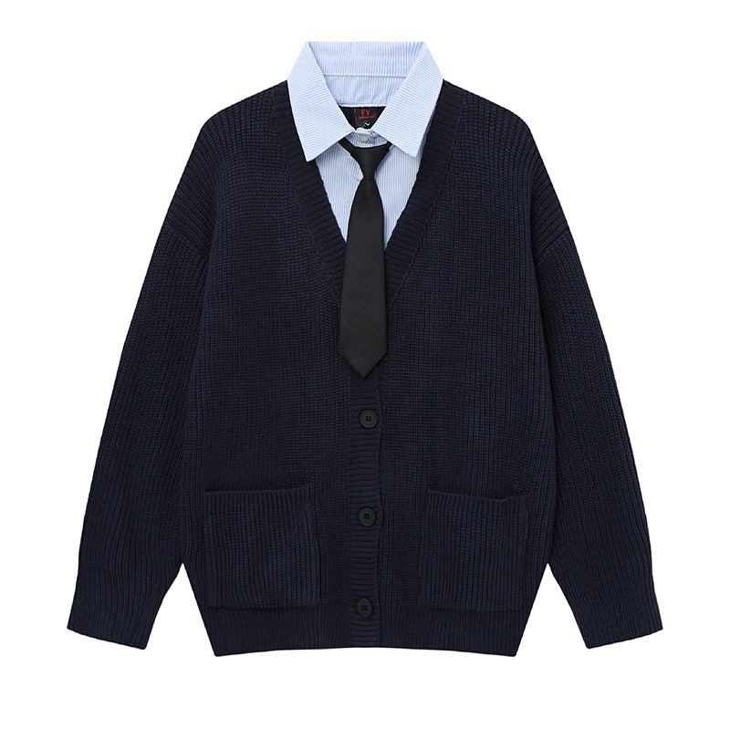 Prep Layer | Knit Cardigan with Shirt & Tie Detail - Luxuryurbanwear
