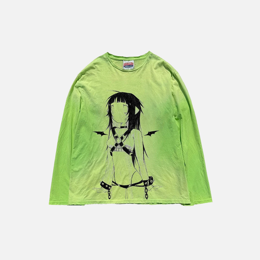 Vintage Dirty Washed Cartoon Graphic Long Sleeve T-Shirt - Luxuryurbanwear