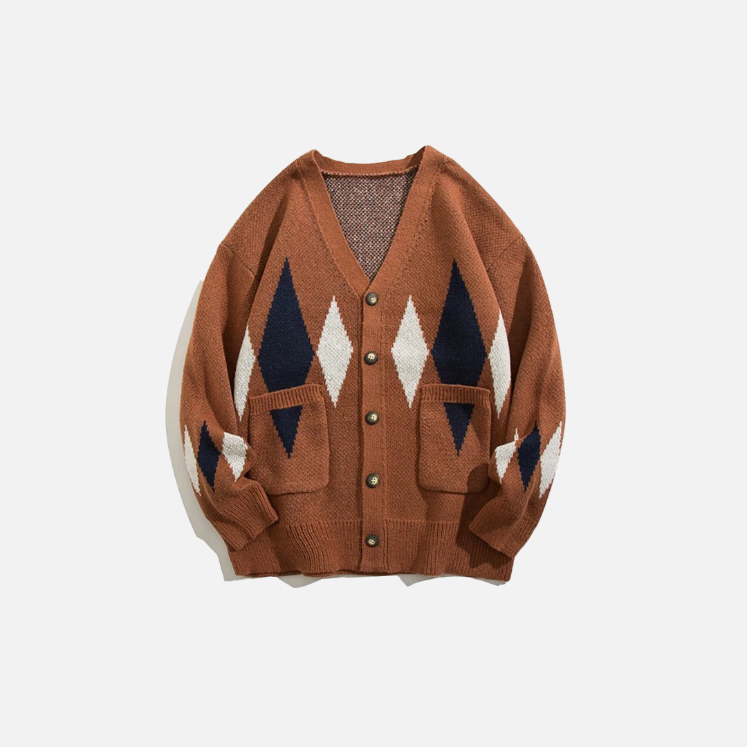 Colorful Grid Splicing V-Neck Classic Cardigan - Luxuryurbanwear