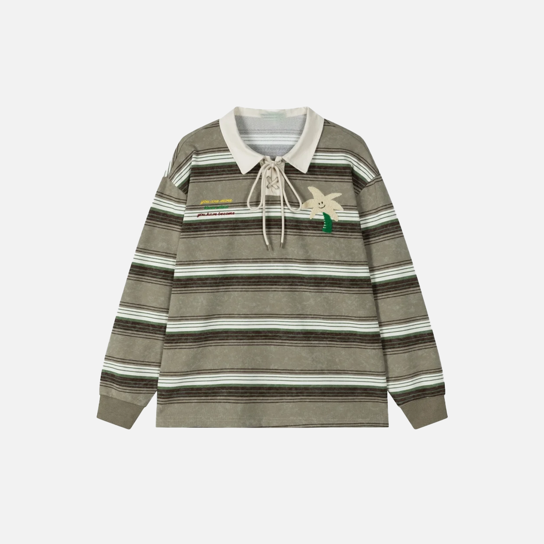 Coconut Tree Embroidery Striped Long Sleeve T-Shirt - Luxuryurbanwear