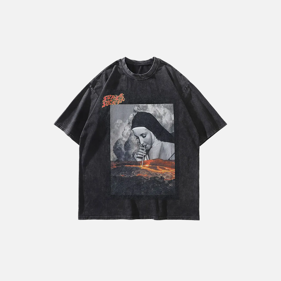 Comfortable Oversize Funny Nun Graphic Print T-Shirt - Luxuryurbanwear