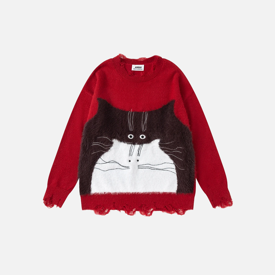 Women Chic Oversized Cat Graphic Knit Sweater - Luxuryurbanwear