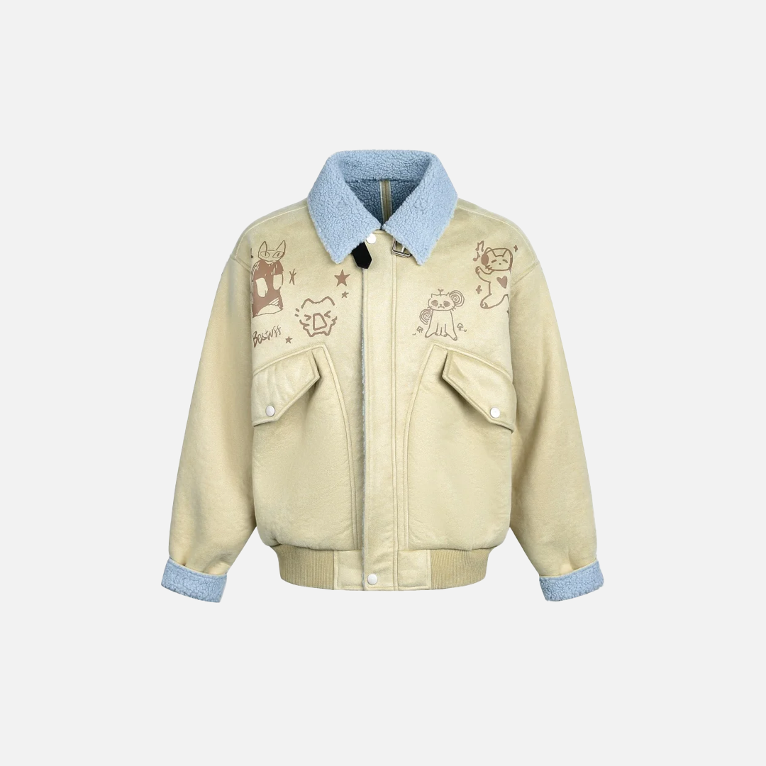 Vintage Cartoon Cat Print Sherpa Faux Fur Jacket - Luxuryurbanwear