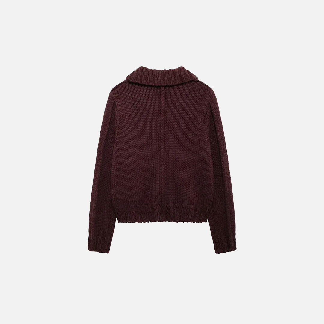 Fashionable Wine Red Knitted Lapel Neck Cardigan - Luxuryurbanwear