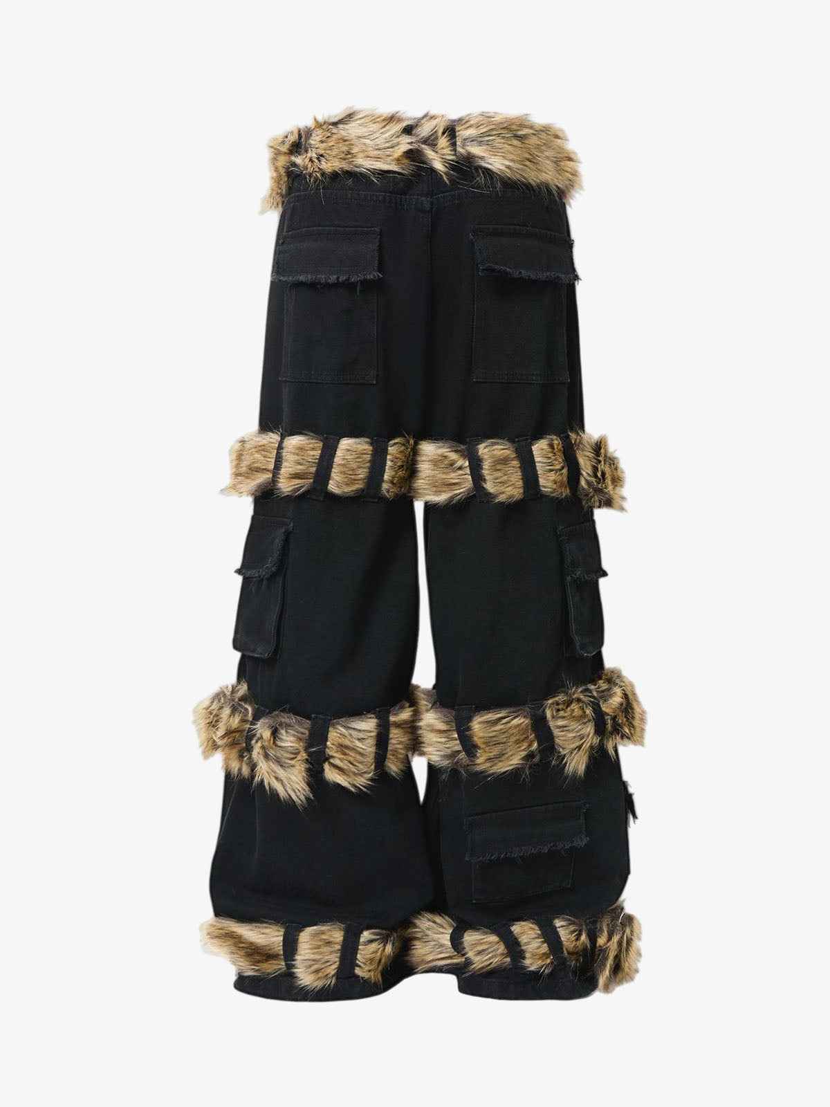 Faux Fur Trim Detail Multi-Pocket Wide Leg Cargo Jeans