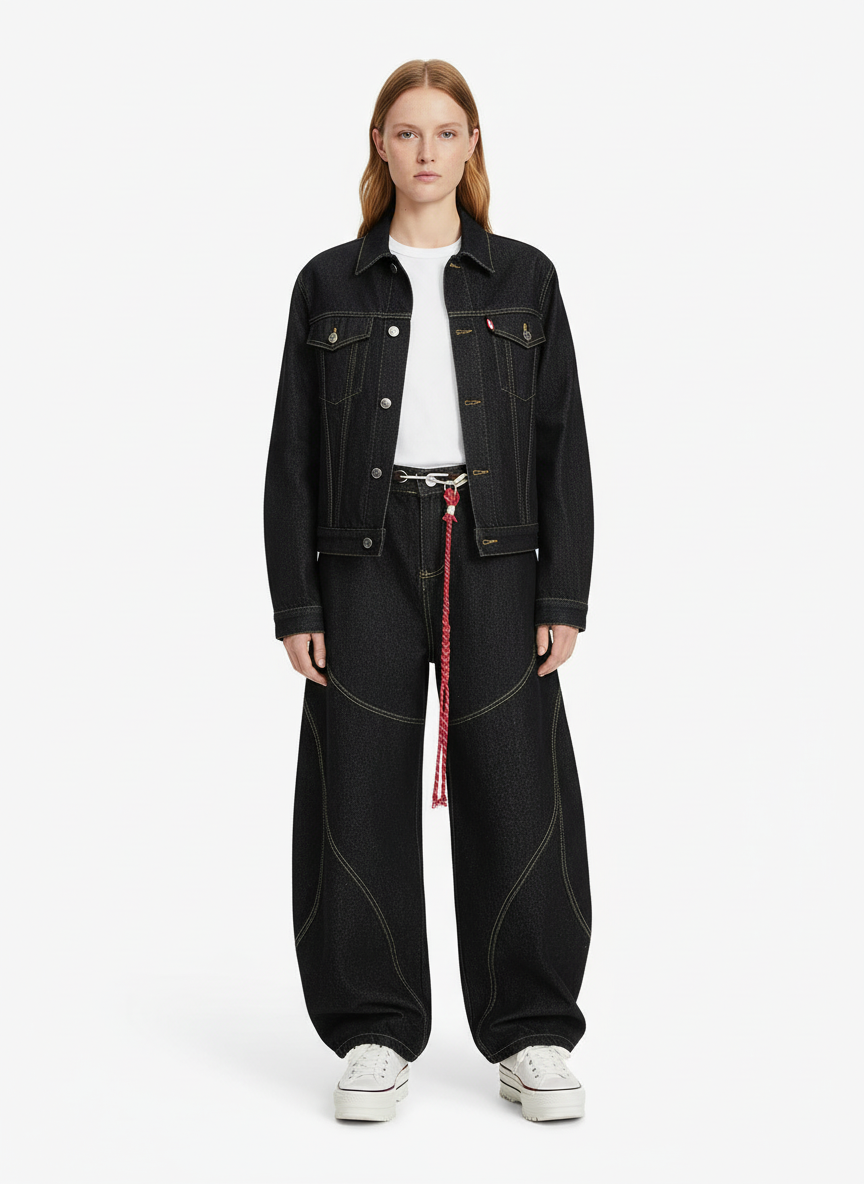 Denim Retro Belt Detail With Patchwork Barrel Jeans - 2490 - Luxuryurbanwear