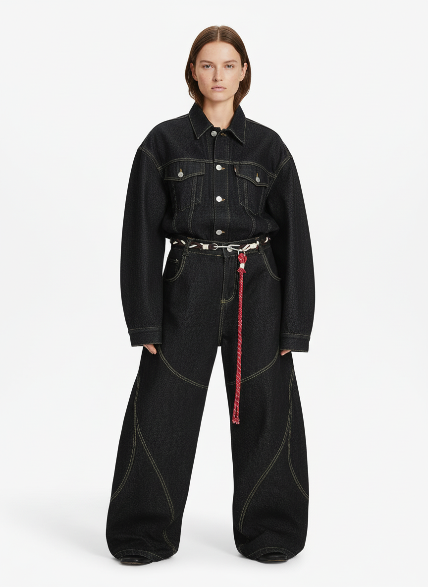 Denim Retro Belt Detail With Patchwork Barrel Jeans - 2490 - Luxuryurbanwear