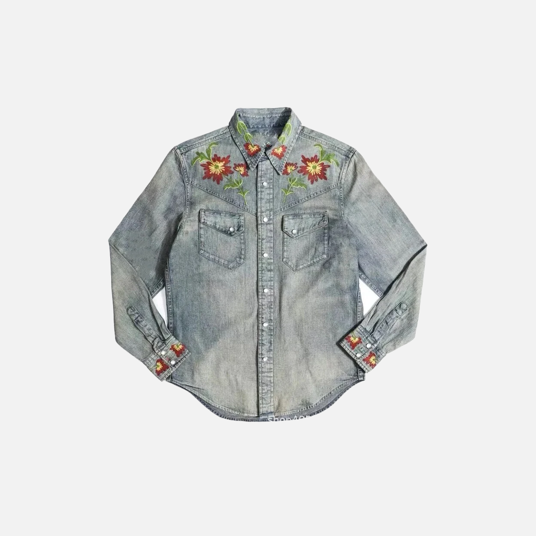 Floral Washed Embroidered Denim Long Sleeve Shirt - Luxuryurbanwear