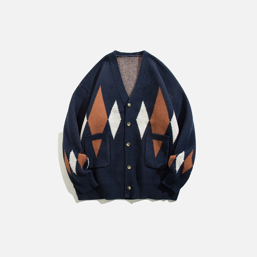 Colorful Grid Splicing V-Neck Classic Cardigan - Luxuryurbanwear