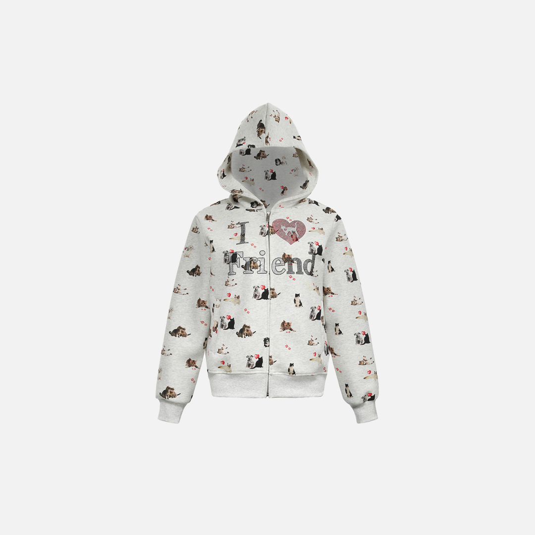 Whimsical Animal Zip-Up Print Hooded Sweatshirt - Luxuryurbanwear