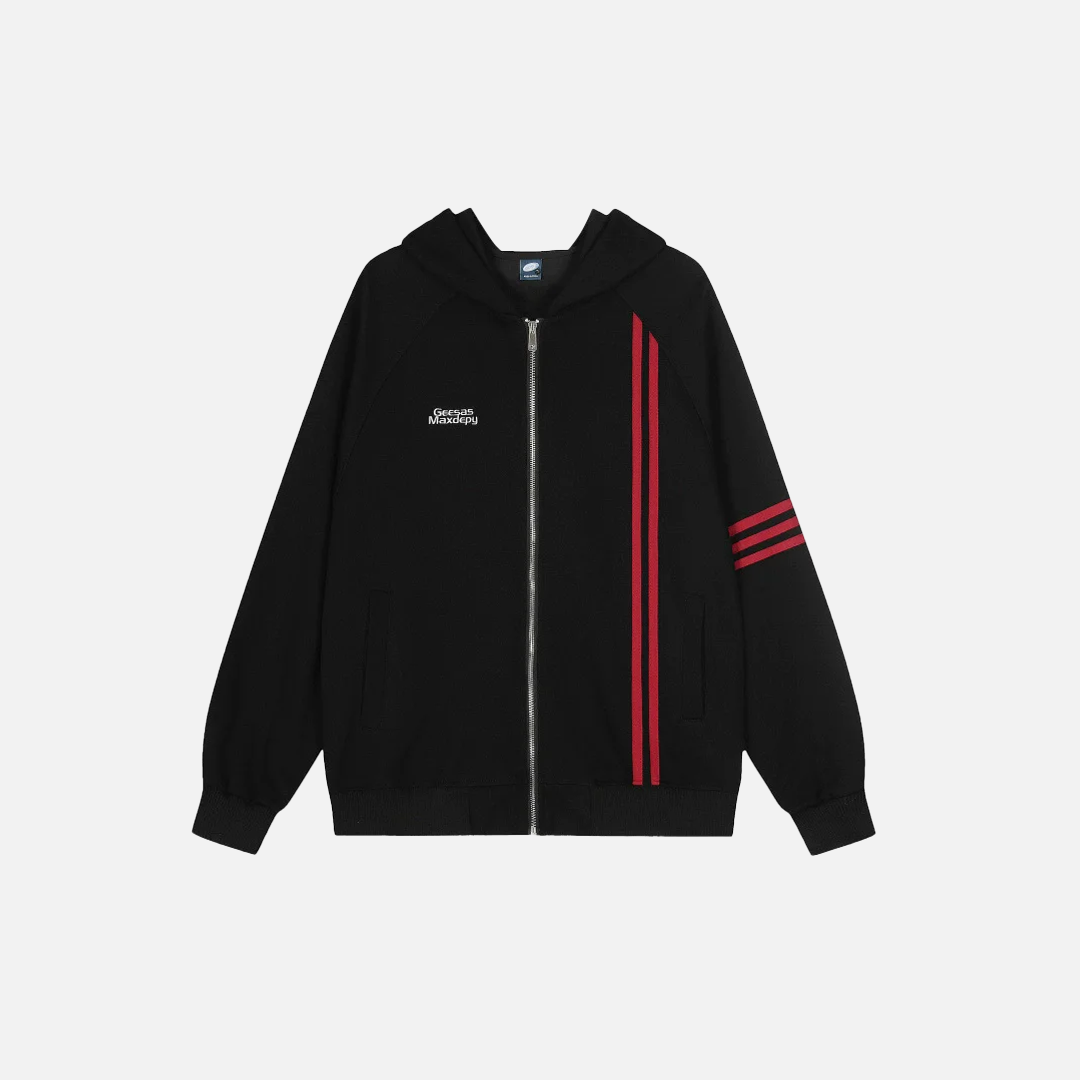 Essential Striped Patchwork Zip-Up Hooded Sweatshirt - Luxuryurbanwear