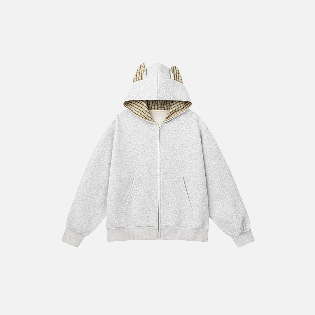 Streetwear Oversized Plaid Cat Ear Hooded Sweatshirt - Luxuryurbanwear
