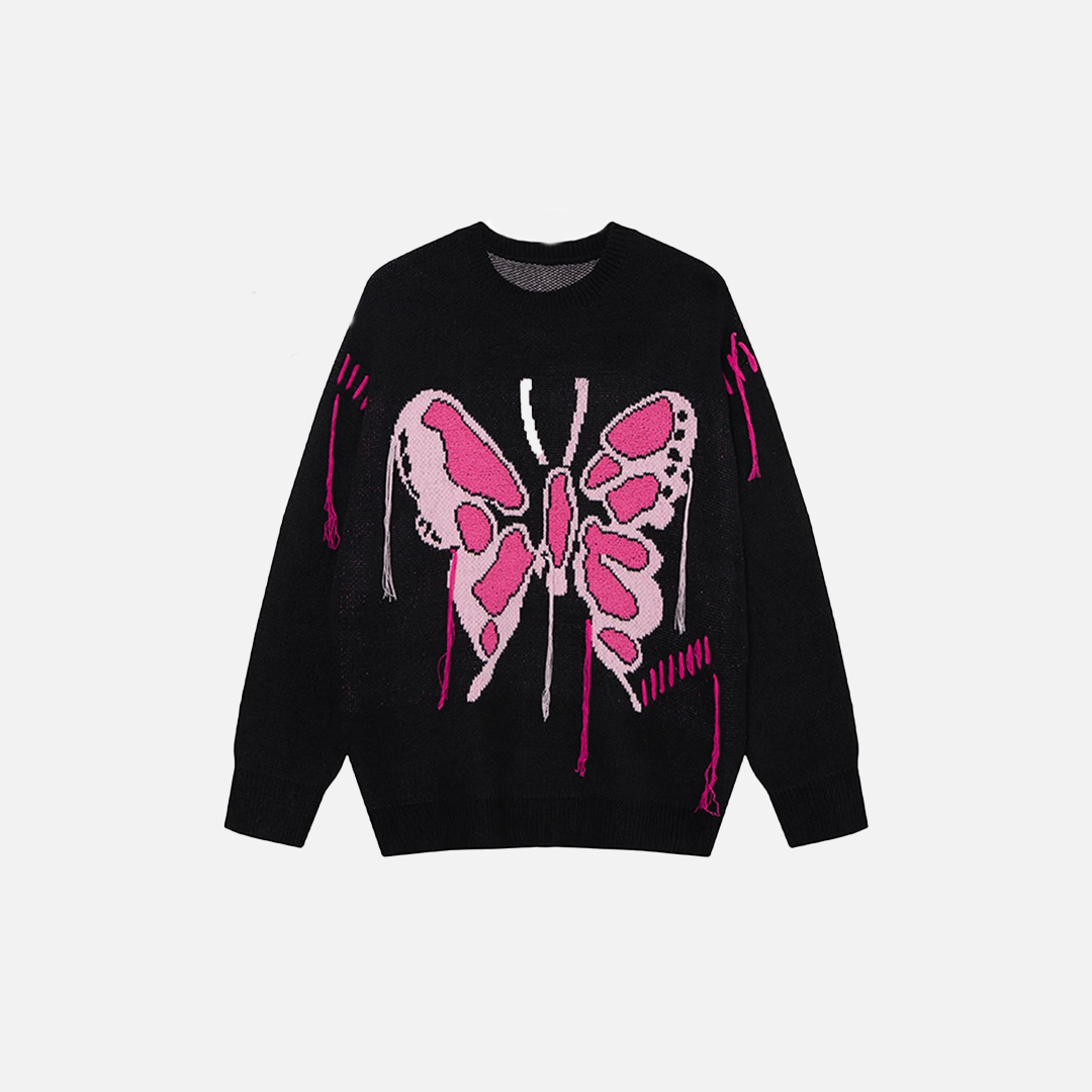Women Sweet Vibrant Butterfly Graphic Knit Sweater - Luxuryurbanwear