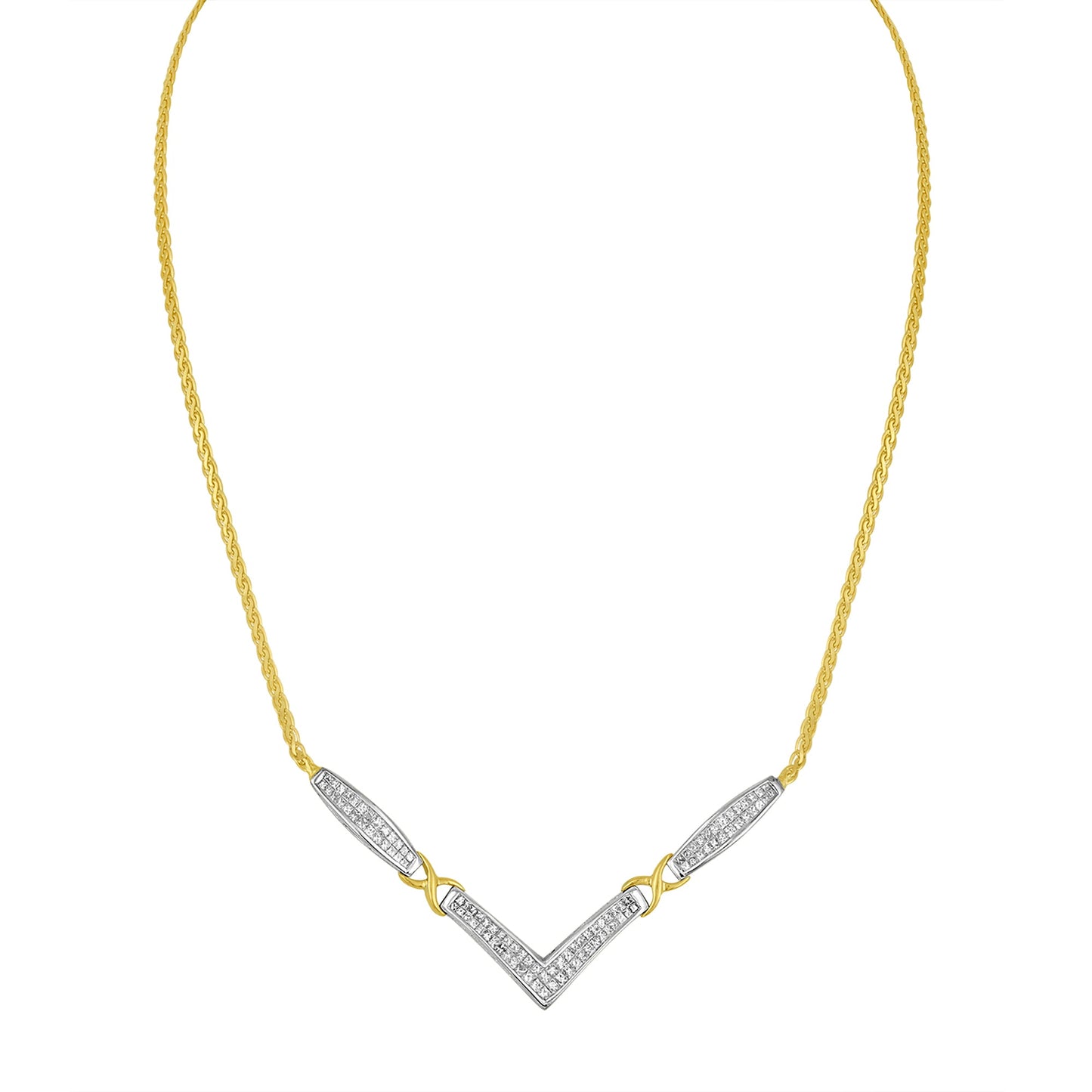 14K Yellow and White Gold 2.0 Cttw Princess Cut Diamond Flared and X-Station V Shaped 18†Franco Chain Statement Necklace (H-I Color, SI2-I1 Clarity)