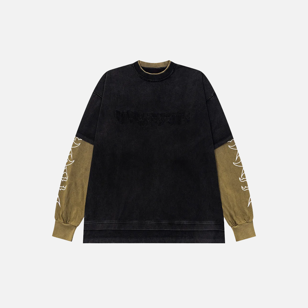 Retro Letter Printed Fake Two Piece Long Sleeve T-Shirt - Luxuryurbanwear