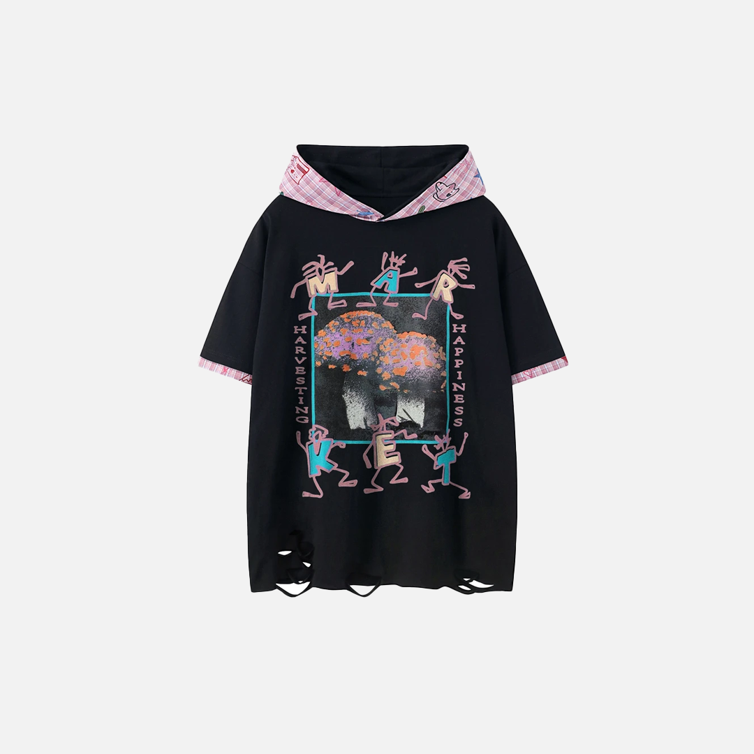 Graphic Print Hooded Short Sleeve Ripped T-Shirt - Luxuryurbanwear