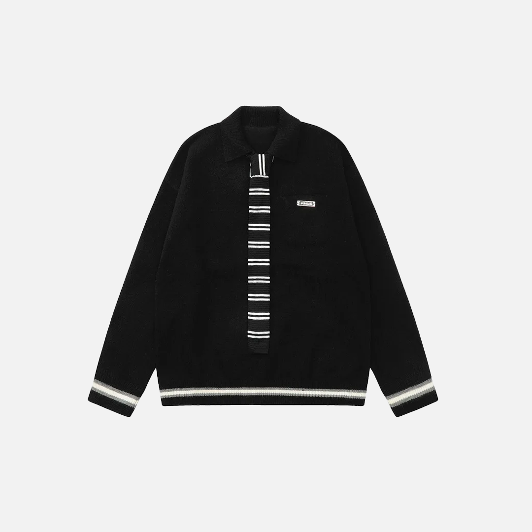 Y2K Preppy Striped Tie Collar Knit Sweater - Luxuryurbanwear