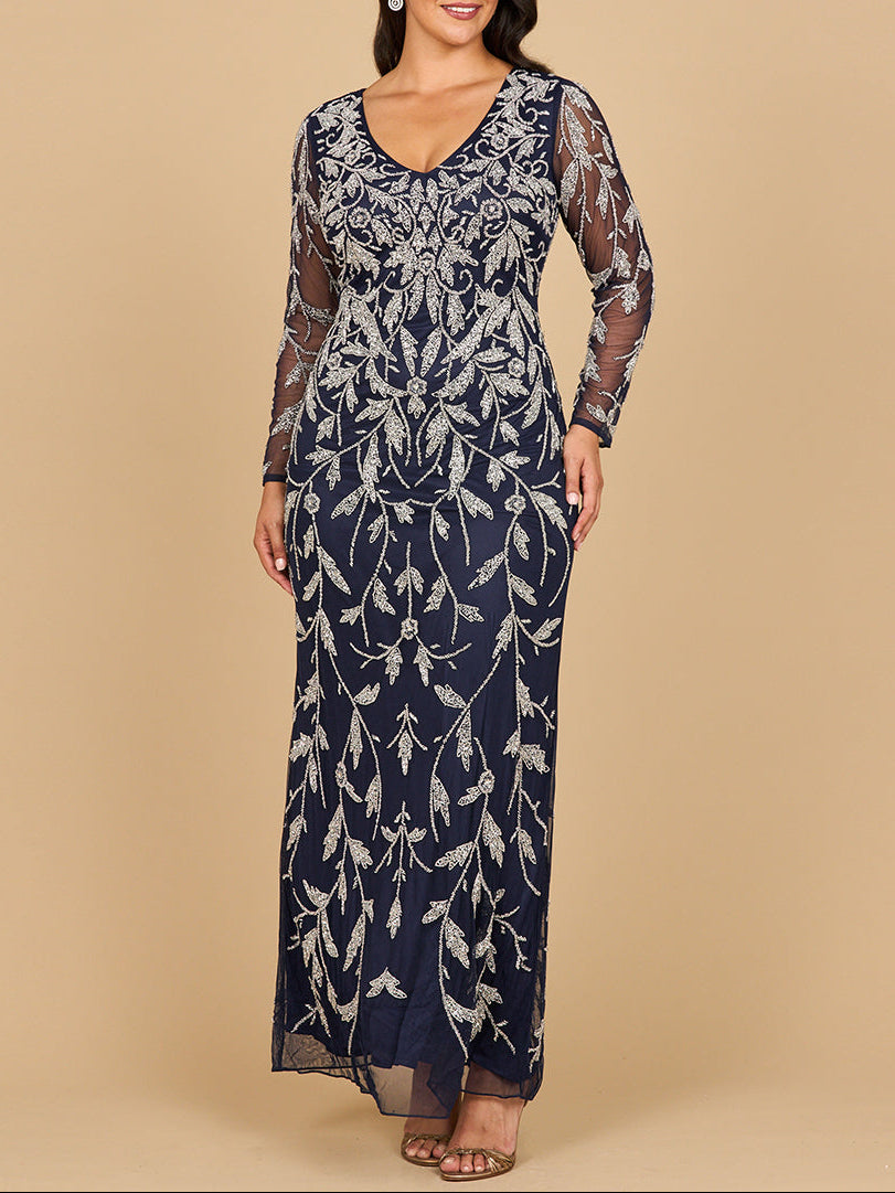 Lara 28870- Long Sleeve Contrast Beaded Gown