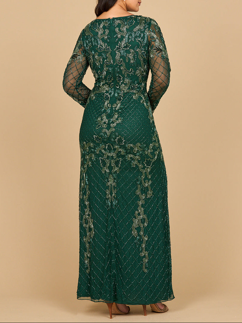 Lara 28877- Long Sleeve Contrast Beaded Gown
