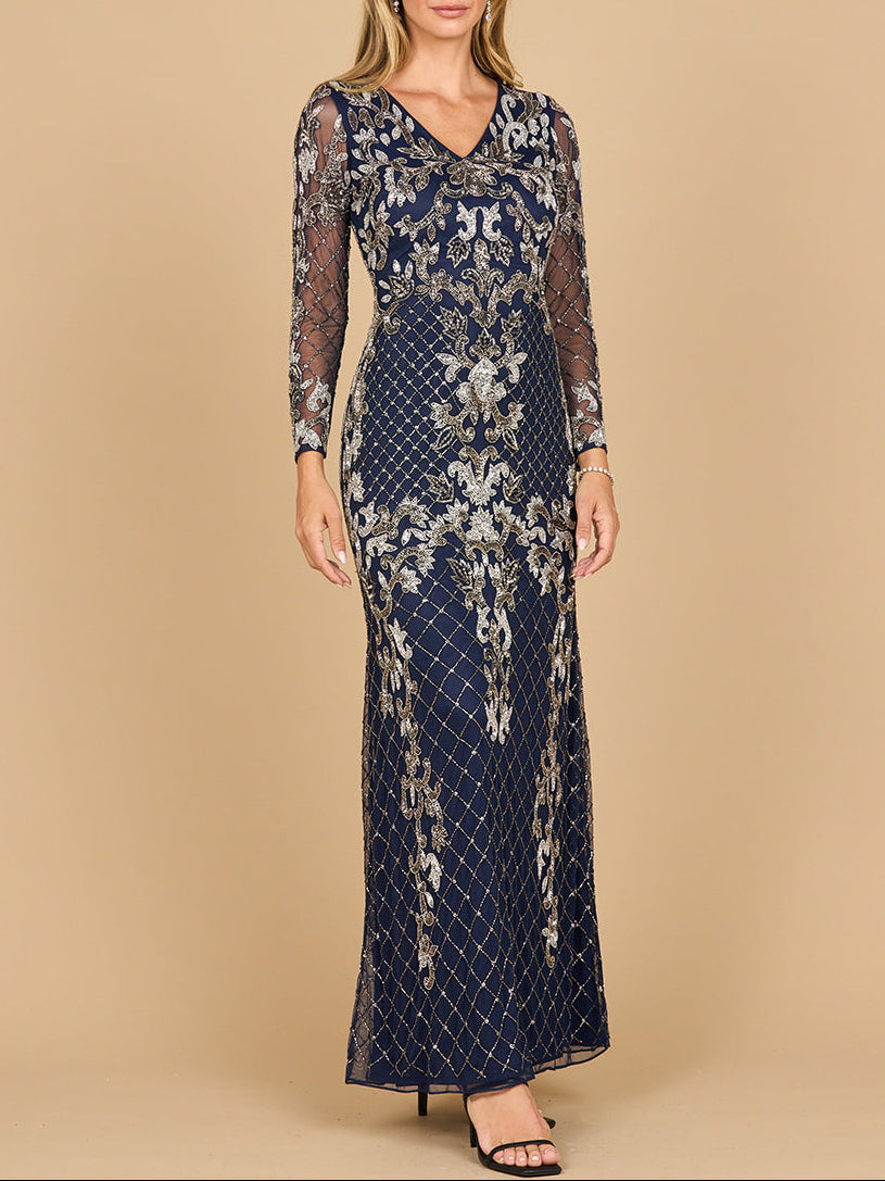 Lara 28877- Long Sleeve Contrast Beaded Gown