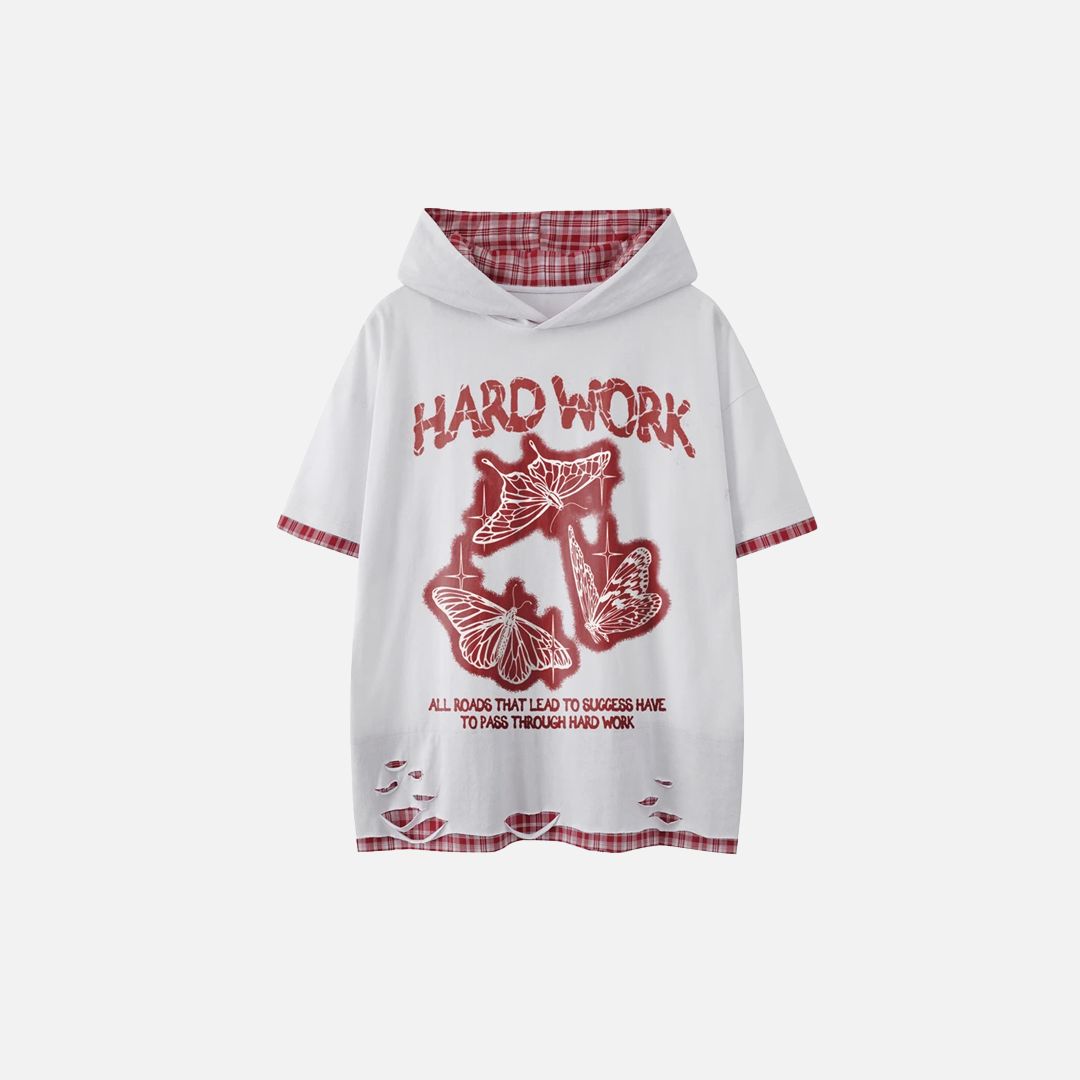 Y2K Butterfly Print Hooded Short Sleeve Ripped T-Shirt - Luxuryurbanwear