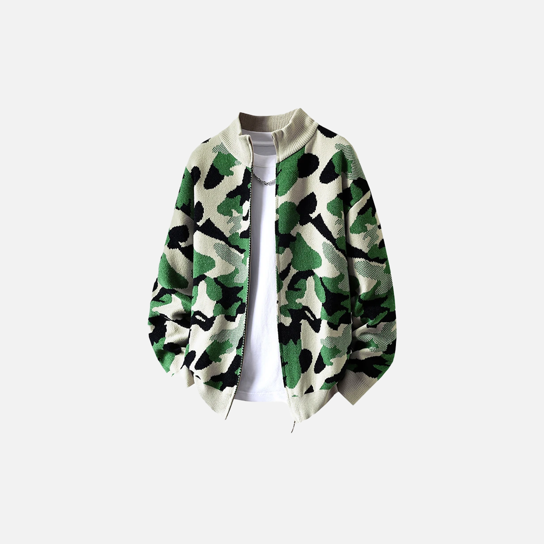 Streetwear Camouflage Zipper Knit Cardigan - Luxuryurbanwear