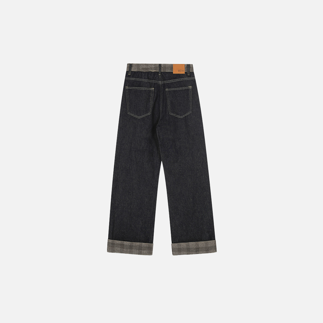 Streetwear Patchwork Plaid Denim Straight Leg Jeans - Luxuryurbanwear