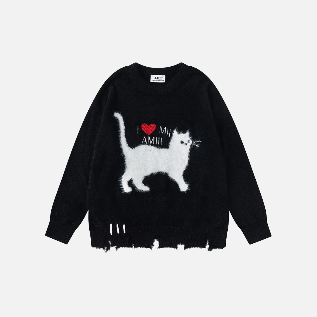 Y2K Funny Cat Graphic Oversized Ripped Sweater - Luxuryurbanwear