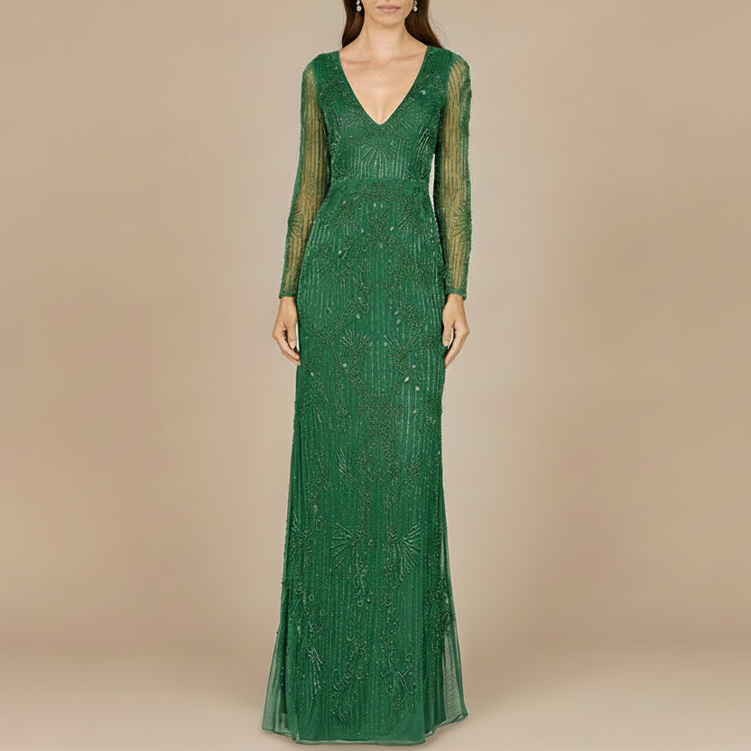 Elegant Long Sleeve Beaded Gown - OUTLET