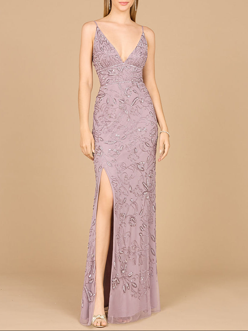 Embellished Gown with Slit And Spaghetti Straps - OUTLET