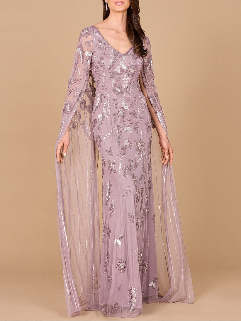 Beaded Sheath Dress with Long Cape