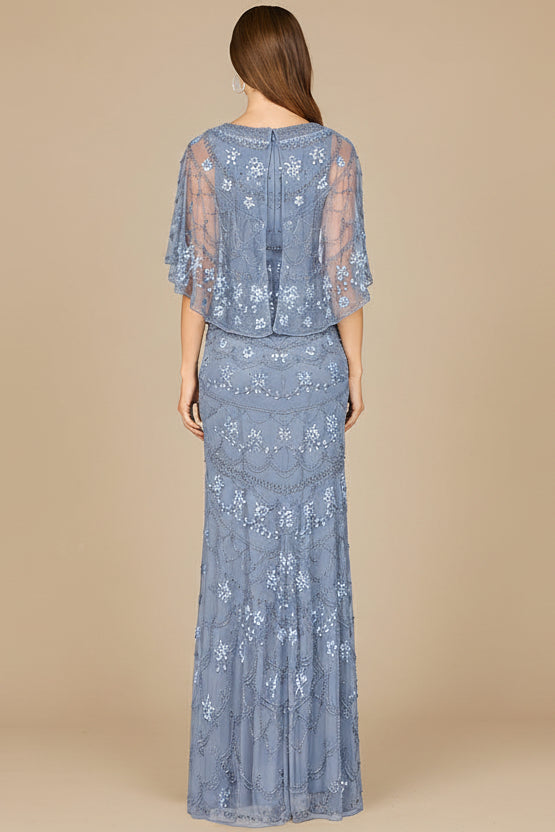 High Neck, Cape Sleeve Beaded Gown - OUTLET