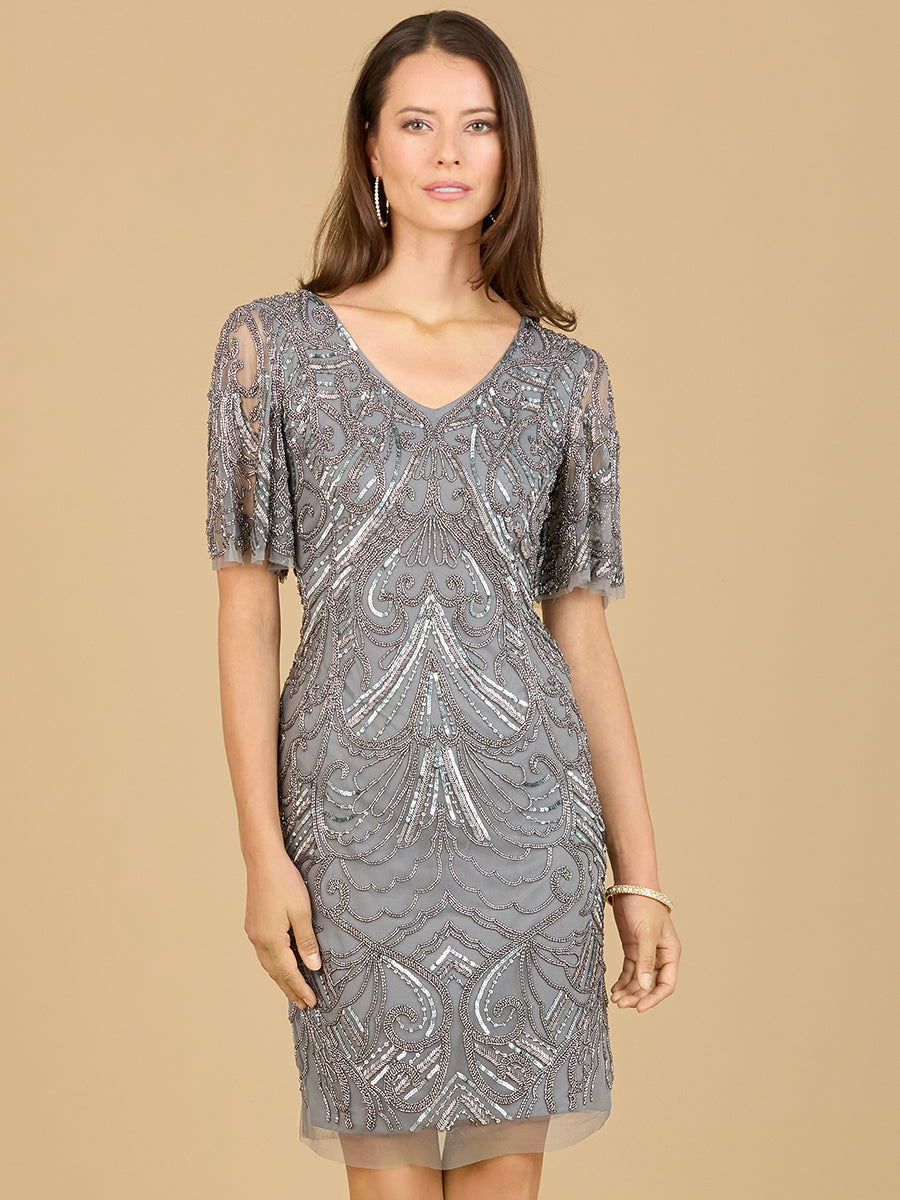 Beaded Cocktail Dress with Short Sleeves - OUTLET