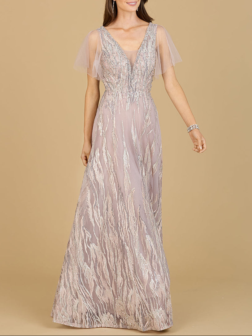 Cape Sleeve V-Neck Gown - OUTLET