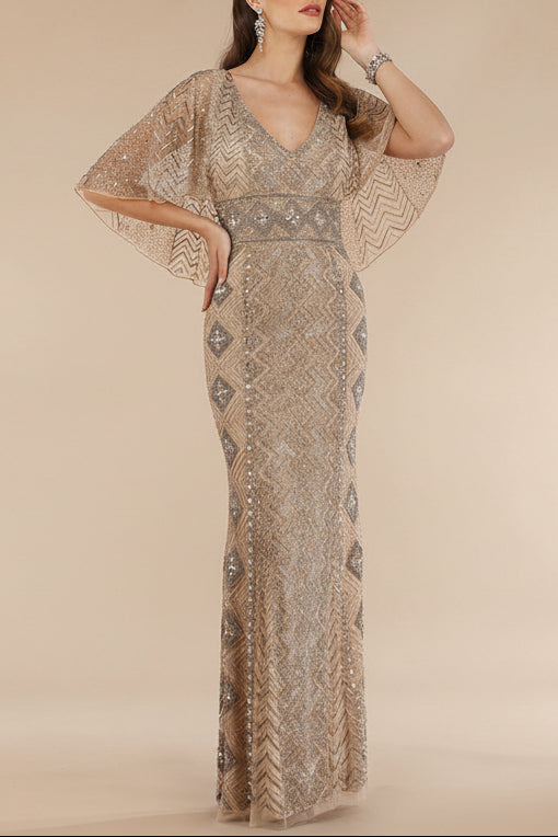 Lara 29397 - Cape Sleeve V-Neck Beaded Gown - OUTLET