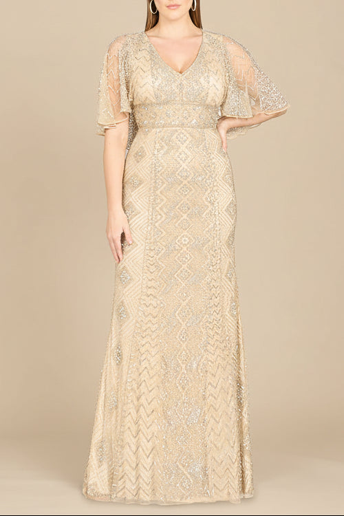 Lara 29397 - Cape Sleeve V-Neck Beaded Gown - OUTLET