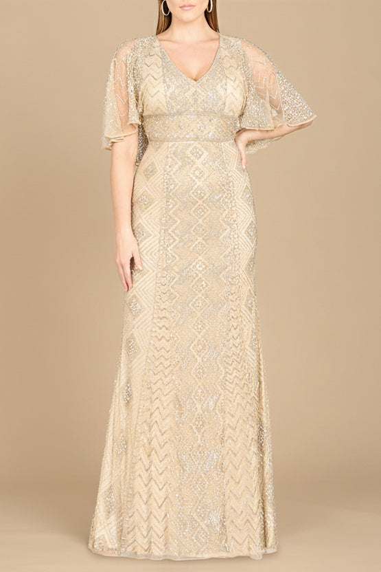 Lara 29397 - Cape Sleeve V-Neck Beaded Gown - OUTLET