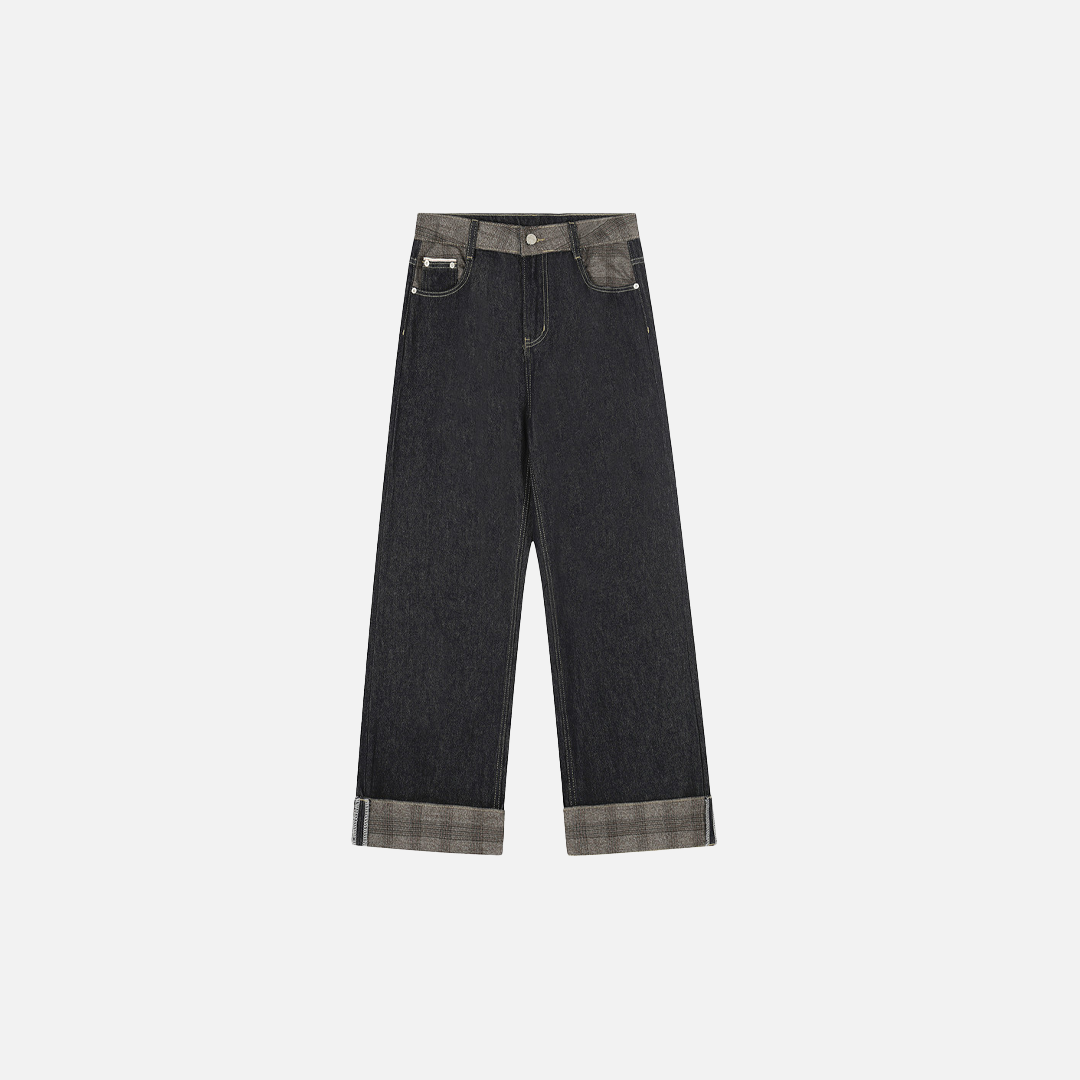 Streetwear Patchwork Plaid Denim Straight Leg Jeans - Luxuryurbanwear