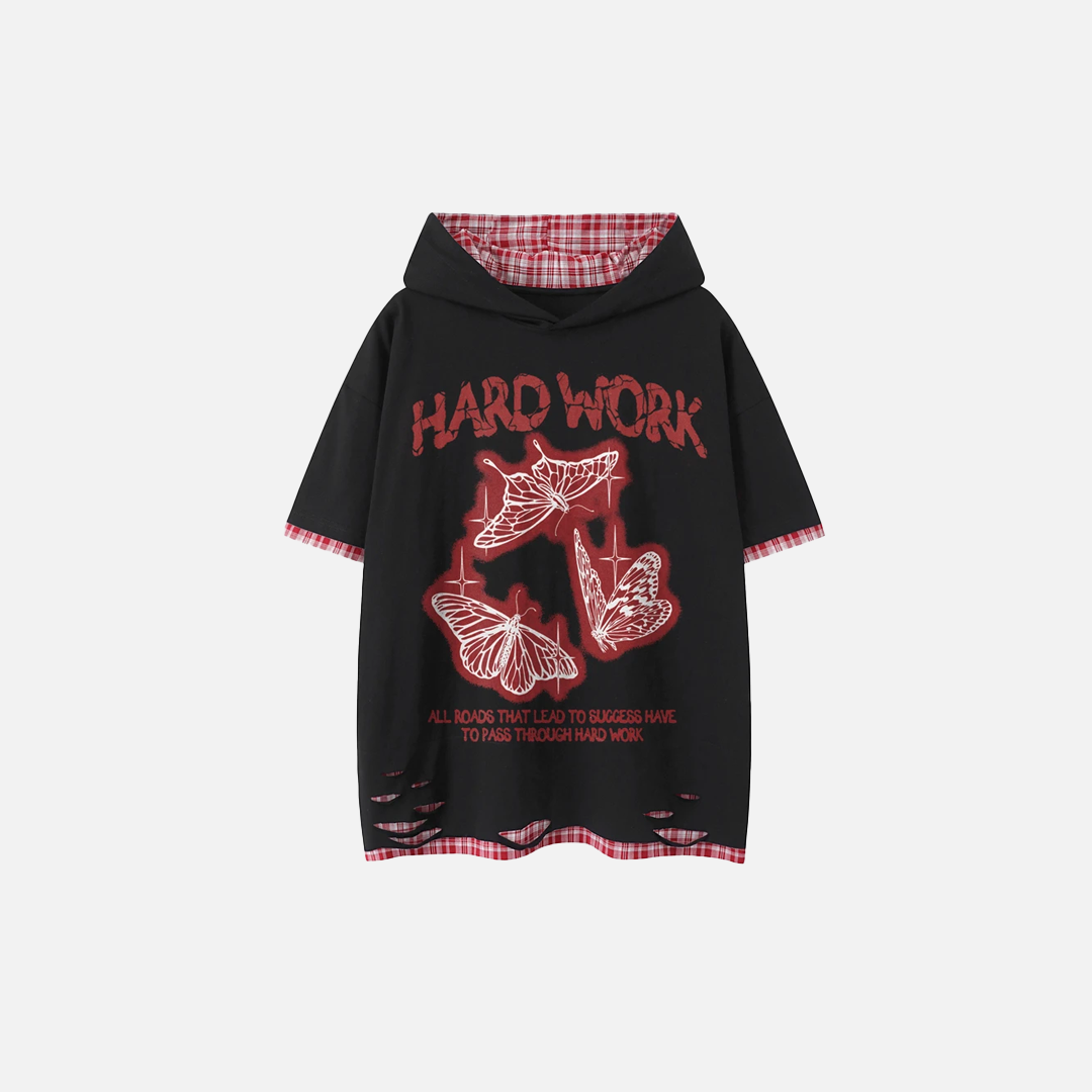 Y2K Butterfly Print Hooded Short Sleeve Ripped T-Shirt - Luxuryurbanwear
