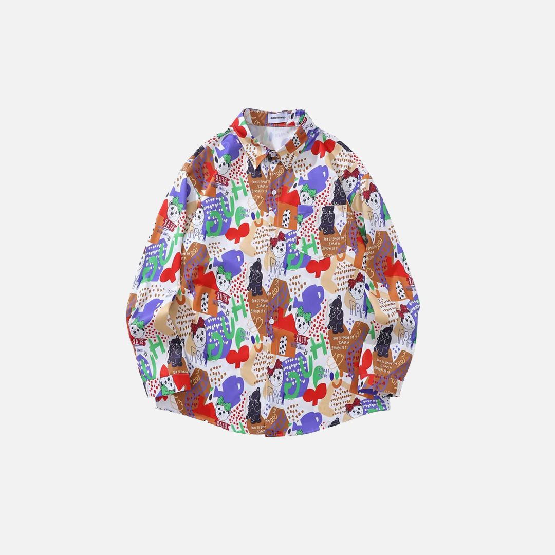 Colorful Cartoon Bear Graffiti Long Sleeve Shirt - Luxuryurbanwear