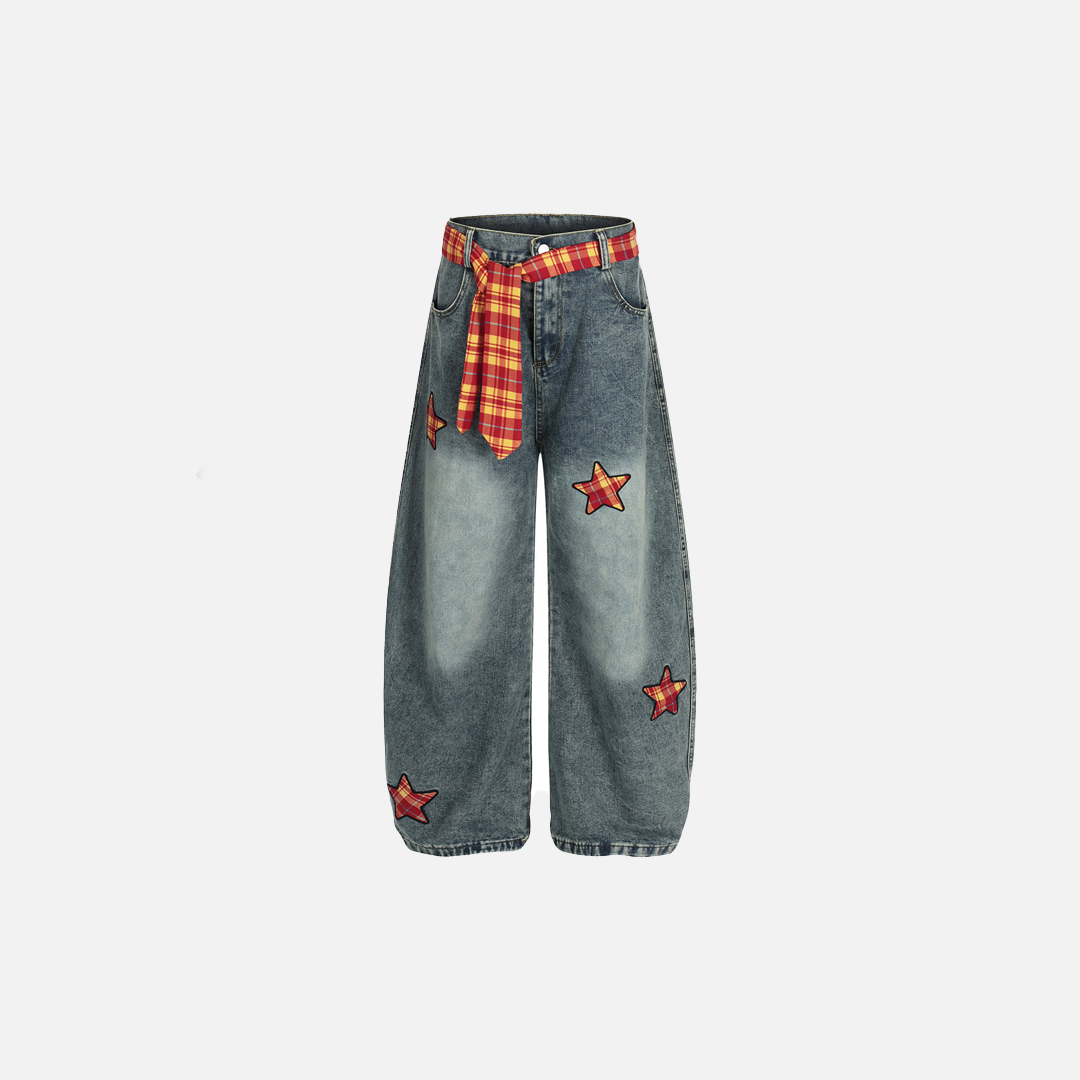 Y2K Unique Five-Star Wide Leg Denim Jeans - Luxuryurbanwear
