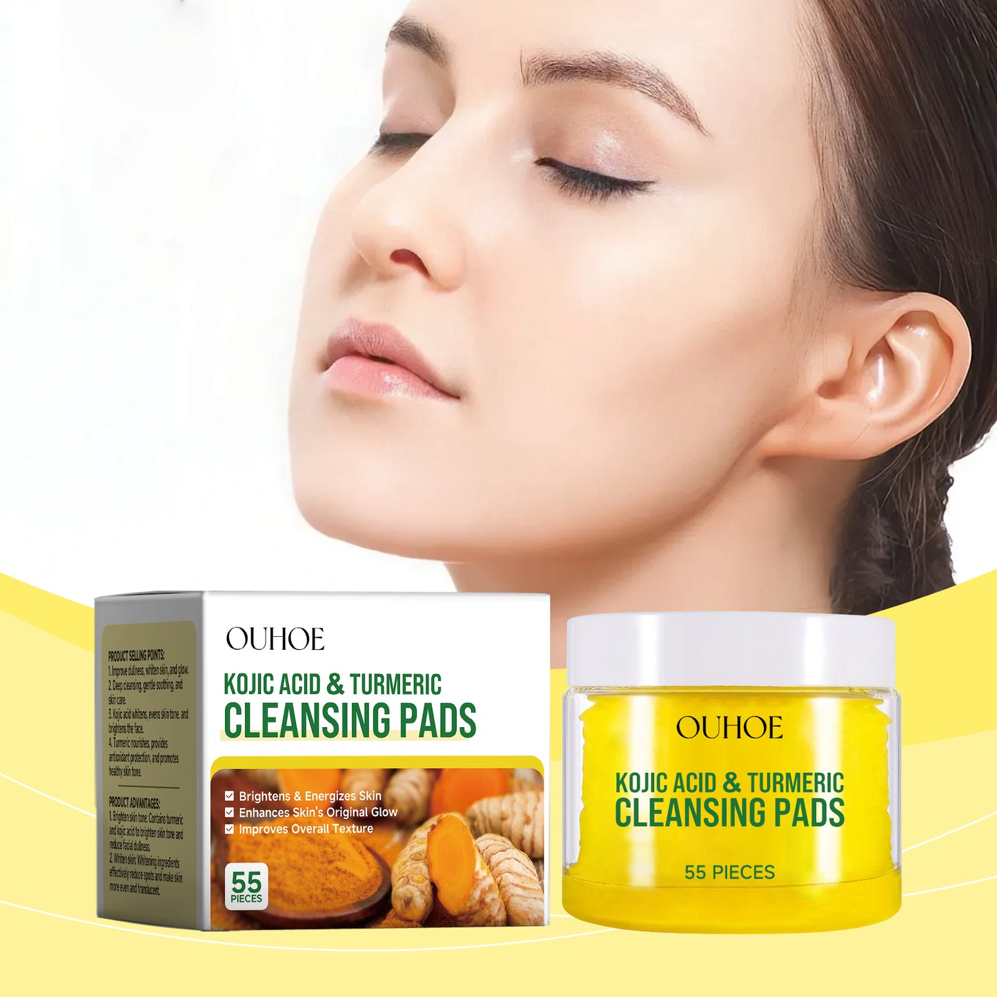 OUHOE Turmeric Cleansing Pad Gently Cleanses Facial Skin, Brightening And Moisturizing Refreshing Skin Care Cleansing Pad