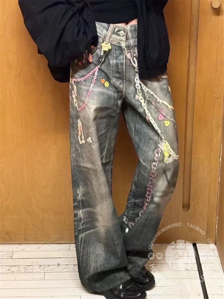 Pastel Chain Print | Denim Jeans - Luxuryurbanwear