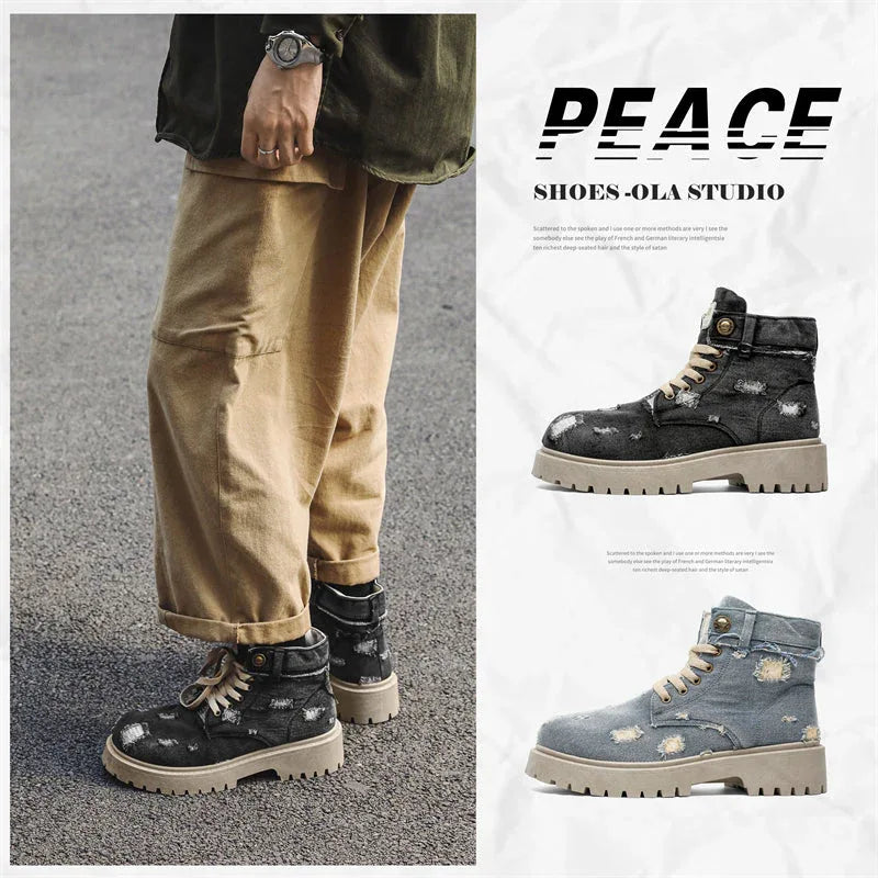 LUW Distressed Denim Combat Boots - Luxuryurbanwear