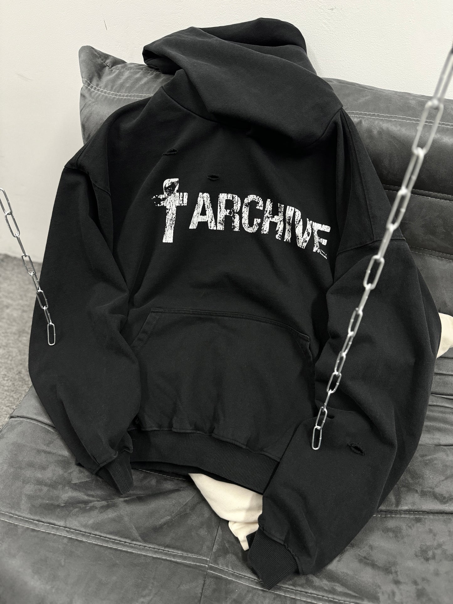 Heavyweight Distressed Washed Black Hoodie - Archive Style | LuxuryUrbanwear - Luxuryurbanwear
