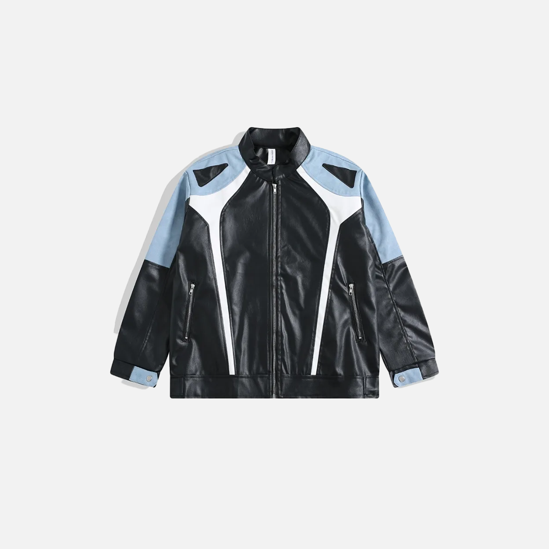 Vintage Patchwork Leather Jacket with Zipper - Luxuryurbanwear