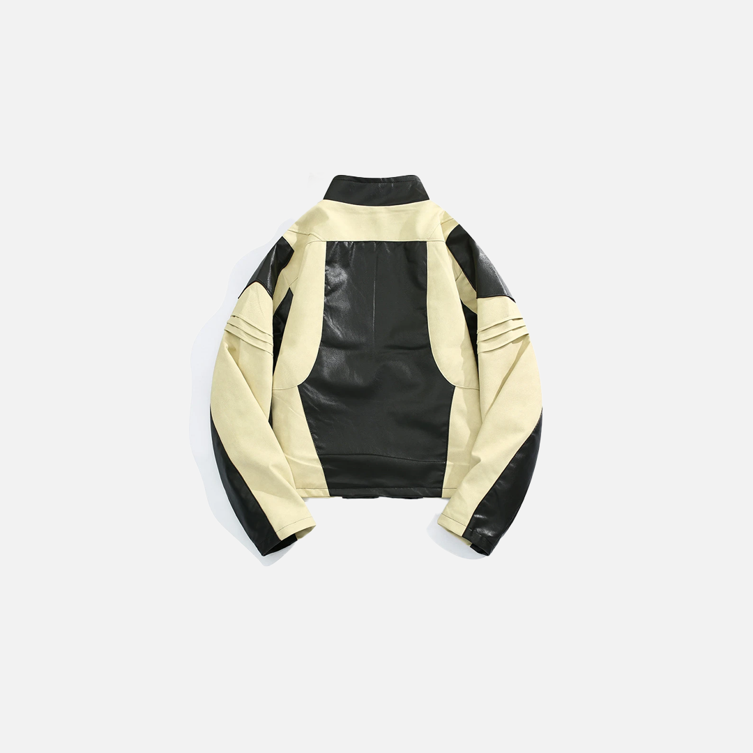 Pleated Contrast Biker Leather Jacket - Luxuryurbanwear